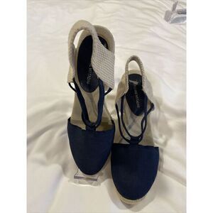 Adrienne Vittadini High Heeled Espadrilles Wedges Navy Blue Stretch 9M